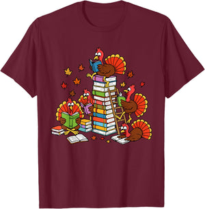 Turkey Reading Books Fall Thanksgiving Teacher Librarian T-Shirt - T-Shirt | Maroon