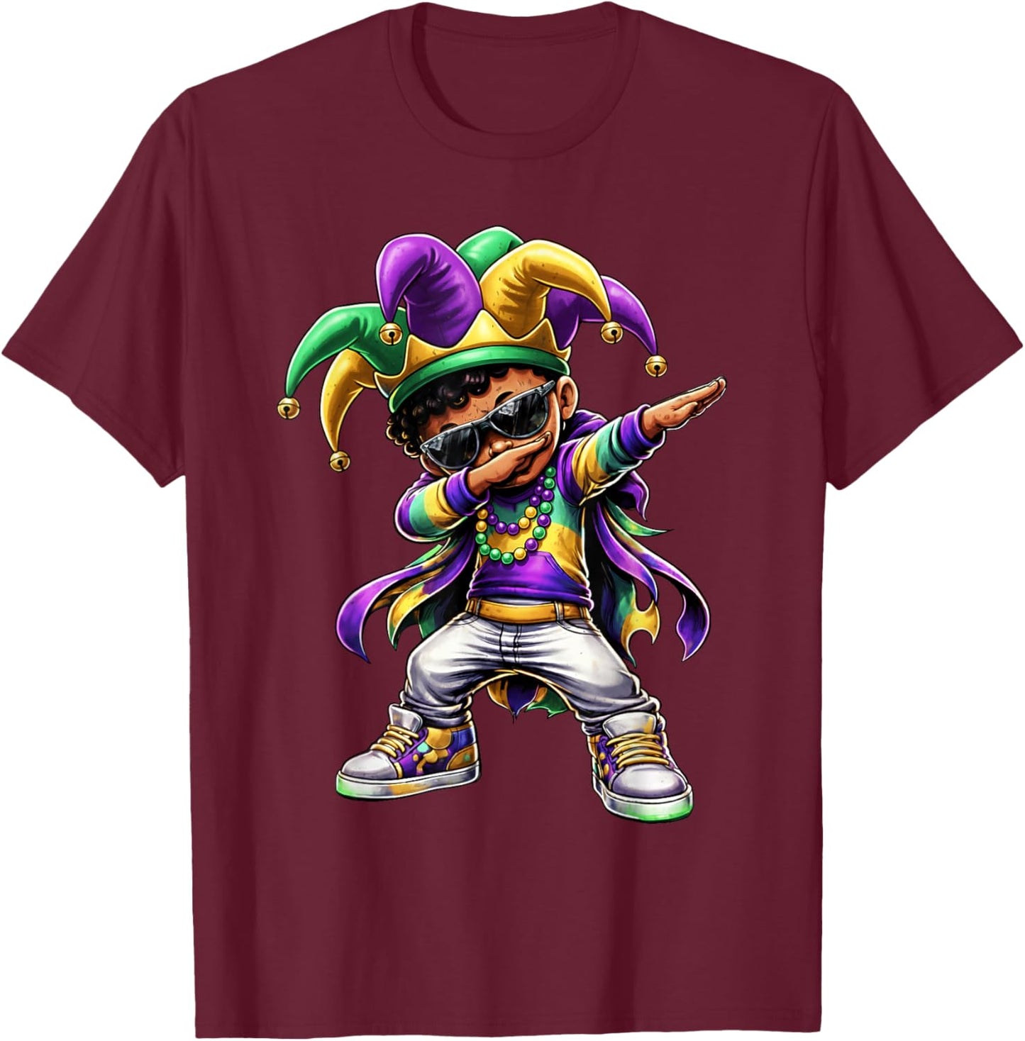 Boys Mardi Gras Dabbing Boy Black Jester Beads Toddler Kids T-Shirt - T-Shirt | Maroon