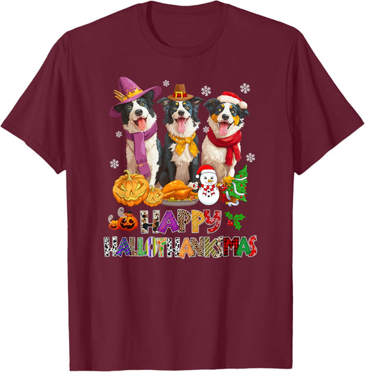 Hallothanksmas Border Collie Dog Halloween Christmas Pumpkin T-Shirt - T-Shirt | Maroon