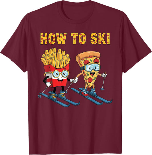 How to Ski Funny Pizza French Fries Skiing Boys Girls Kids T-Shirt - T-Shirt | Maroon