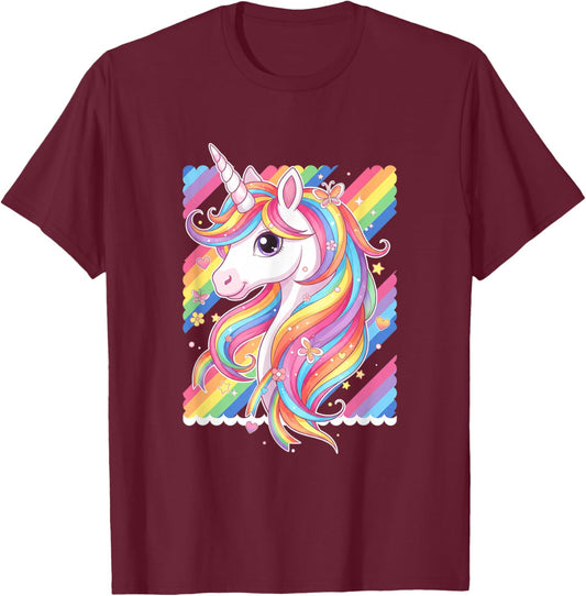 Colorful Unicorn Rainbow Mane Cute Magical Horse Kids T-Shirt - T-Shirt | Maroon