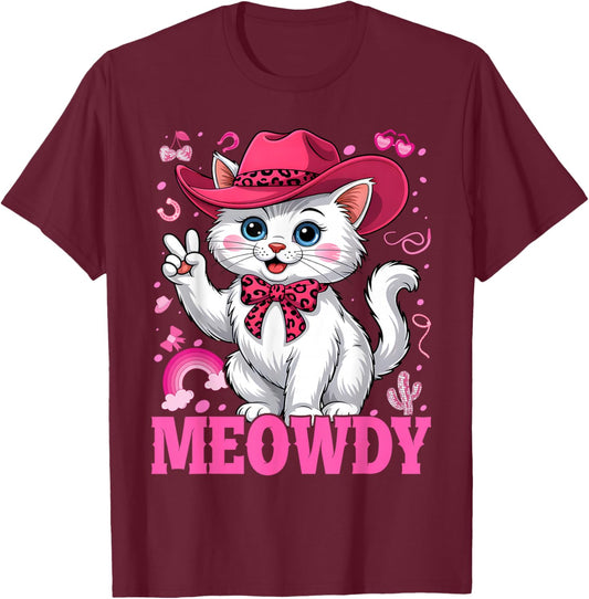 Meowdy Bachelorette Party Pink Cowgirl Hat Cat Cowboy T-Shirt - T-Shirt | Maroon