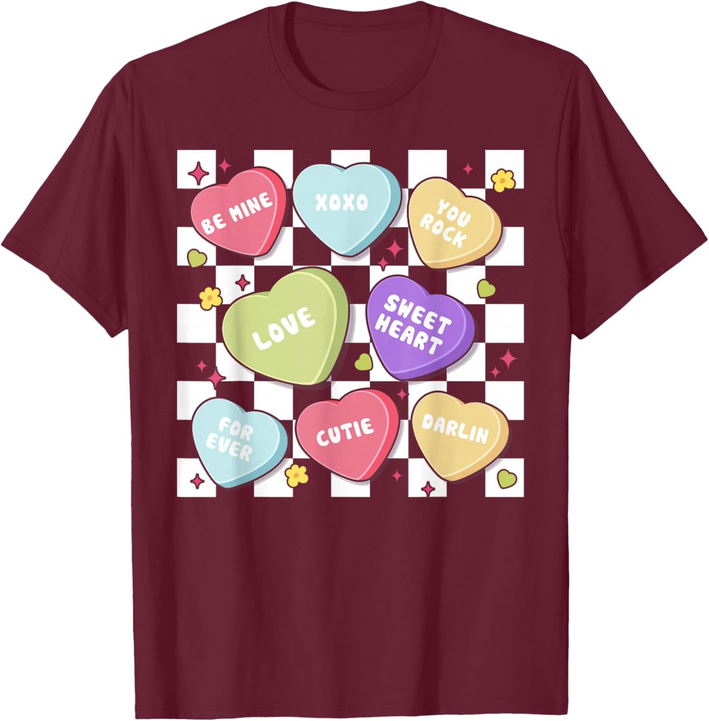 Valentines Day Hearts Candy Be Mine Valentine Checkered T-Shirt - T-Shirt | Maroon