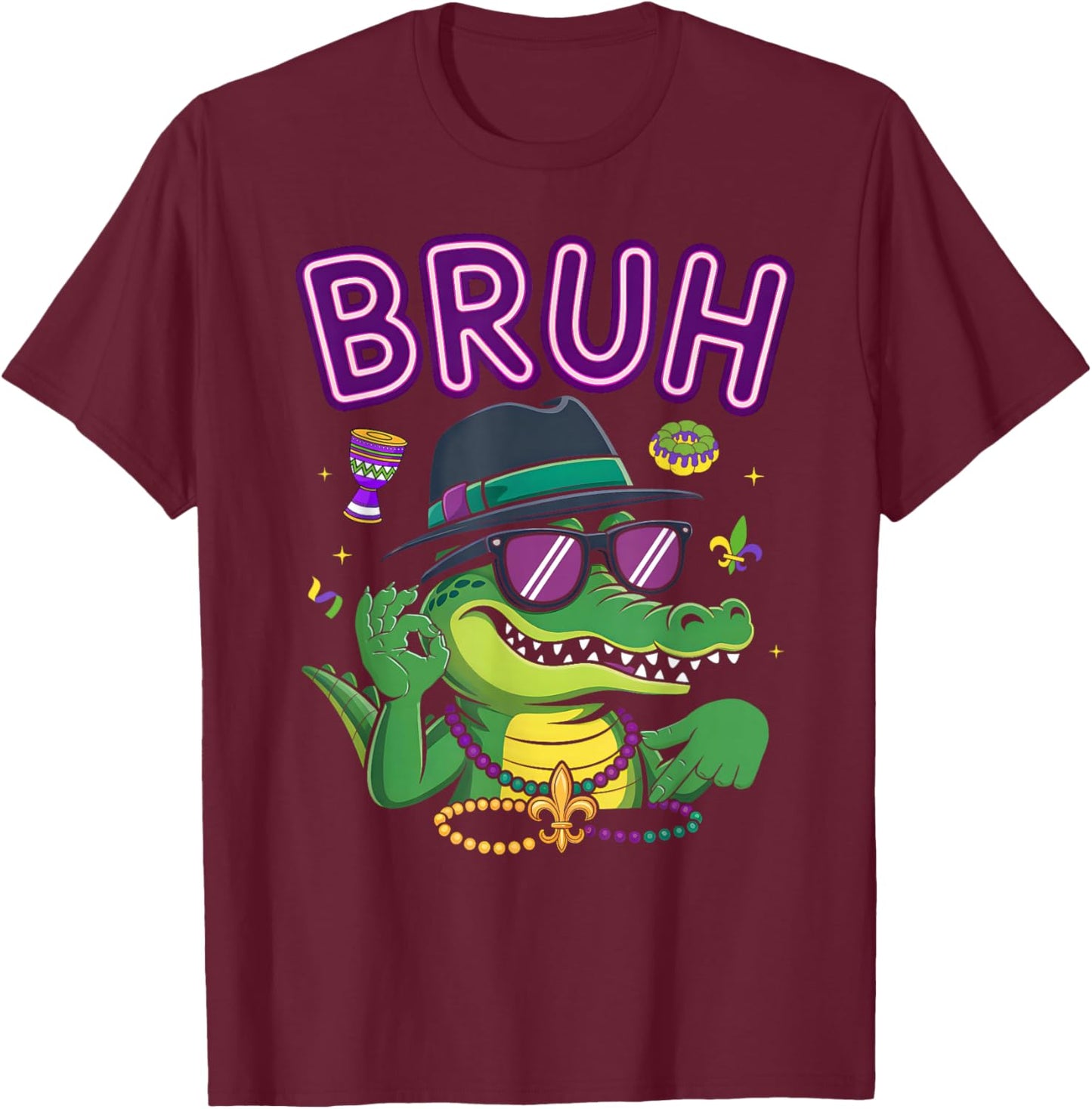 Funny Six Seven Bruh Mardigator Alligator 67 Meme Mardi Gras T-Shirt - T-Shirt | Maroon