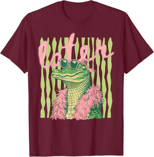 (2 Sides) Retro Striped Later Gator After While Alligator T-Shirt - T-Shirt | Maroon