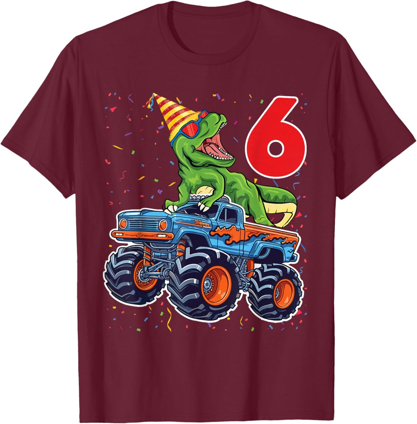 6 Year Old Monster Truck Boy Toddler 6th Birthday Party T-Shirt - T-Shirt | Maroon