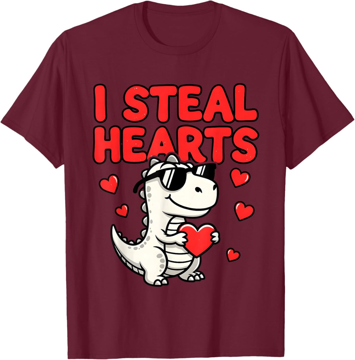 I Steal Hearts Dinosaur T-Rex Valentines Day T-Shirt - T-Shirt | Maroon