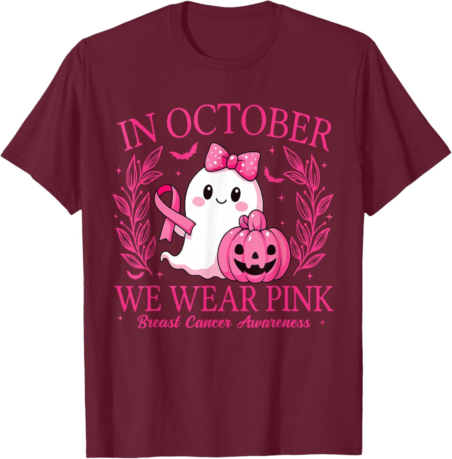 in October We Wear Pink Breast Cancer Awareness Halloween T-Shirt - T-Shirt | Maroon