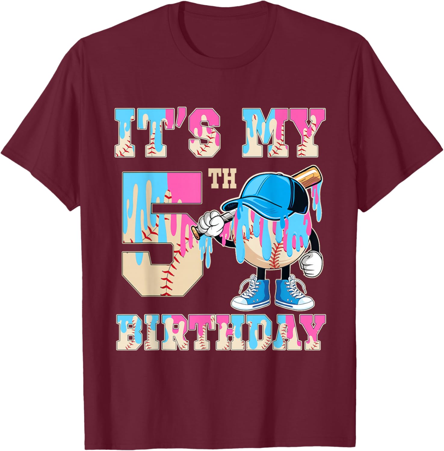 It's My 5th Birthday Baseball Ice Cream Drip Theme T-Shirt - T-Shirt | Maroon