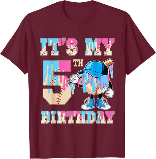 It's My 5th Birthday Baseball Ice Cream Drip Theme T-Shirt - T-Shirt | Maroon