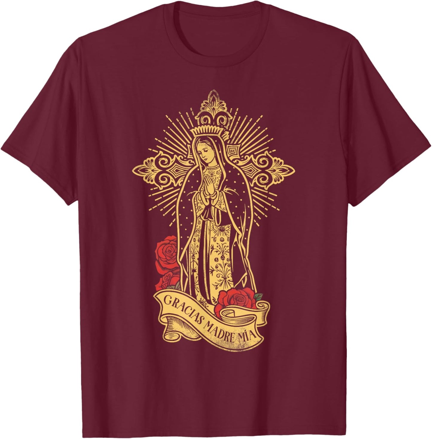 Our Lady of Guadalupe Saint Virgin Mary Rose Floral Catholic T-Shirt - T-Shirt | Maroon
