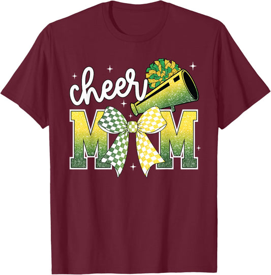 Cheer Mom Mama Bow Sport Cheerleader Green & Gold T-Shirt - T-Shirt | Maroon