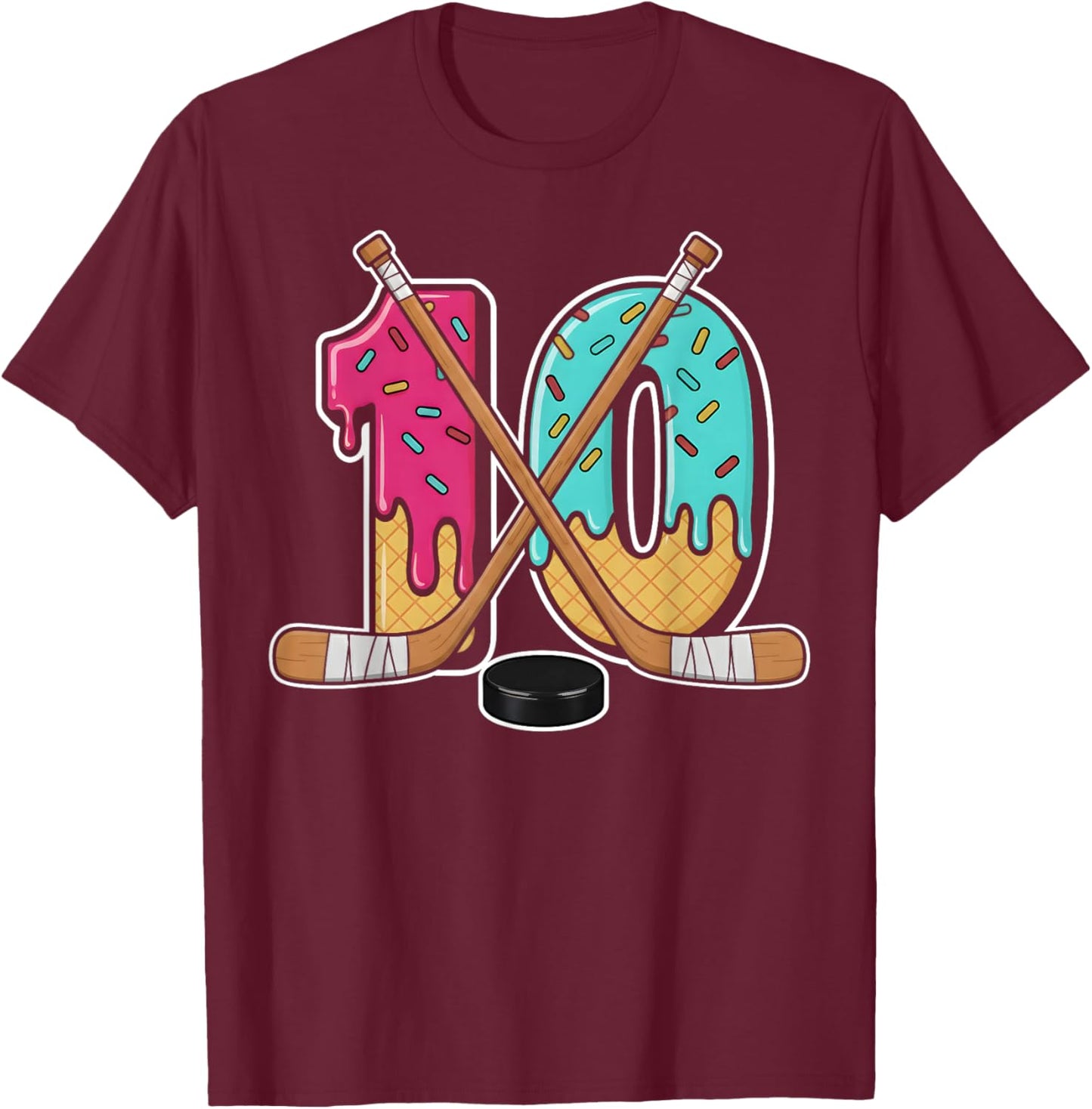 10 Year Old Hockey Ice Cream Drip Youth 10th Birthday Boys T-Shirt - T-Shirt | Maroon