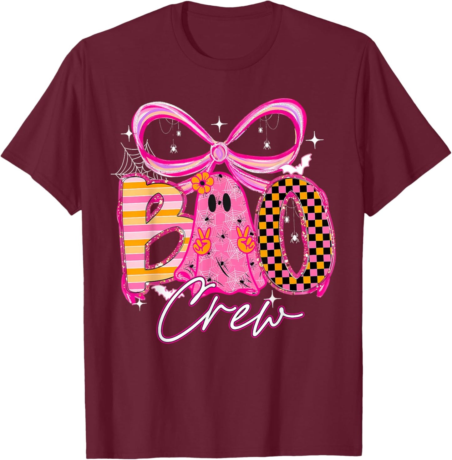Boo Crew Cute Coquette Bow Ghost Halloween Women Kids T-Shirt - T-Shirt | Maroon