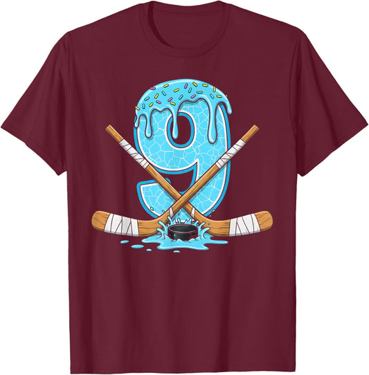 9 Year Old Hockey Ice Cream Drip Youth 9th Birthday Boys T-Shirt - T-Shirt | Maroon