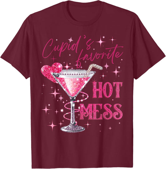 Pink Cupid's Favorite Hot Valentines Mess Martini Margarita T-Shirt - T-Shirt | Maroon
