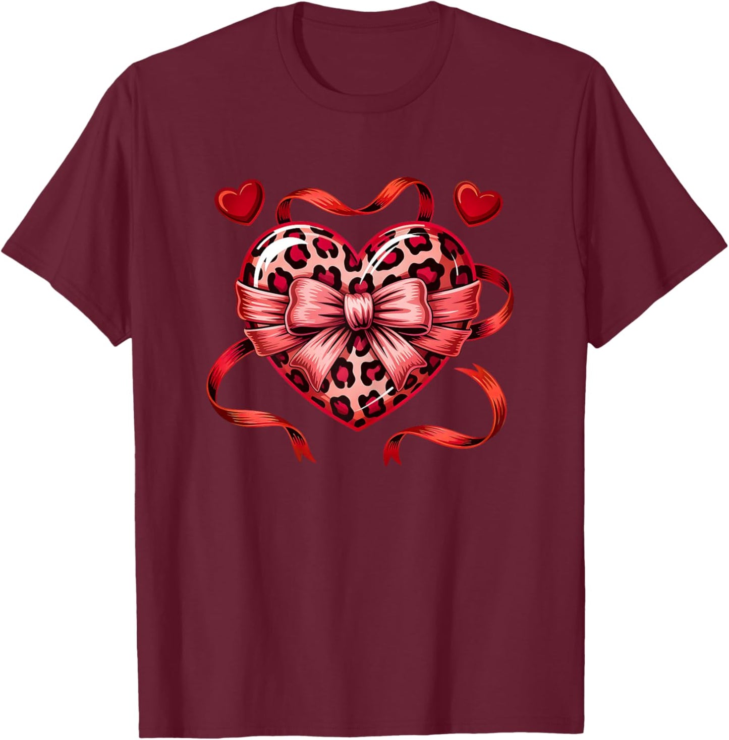 Coquette Bow Leopard Heart Love Valentines Day T-Shirt - T-Shirt | Maroon