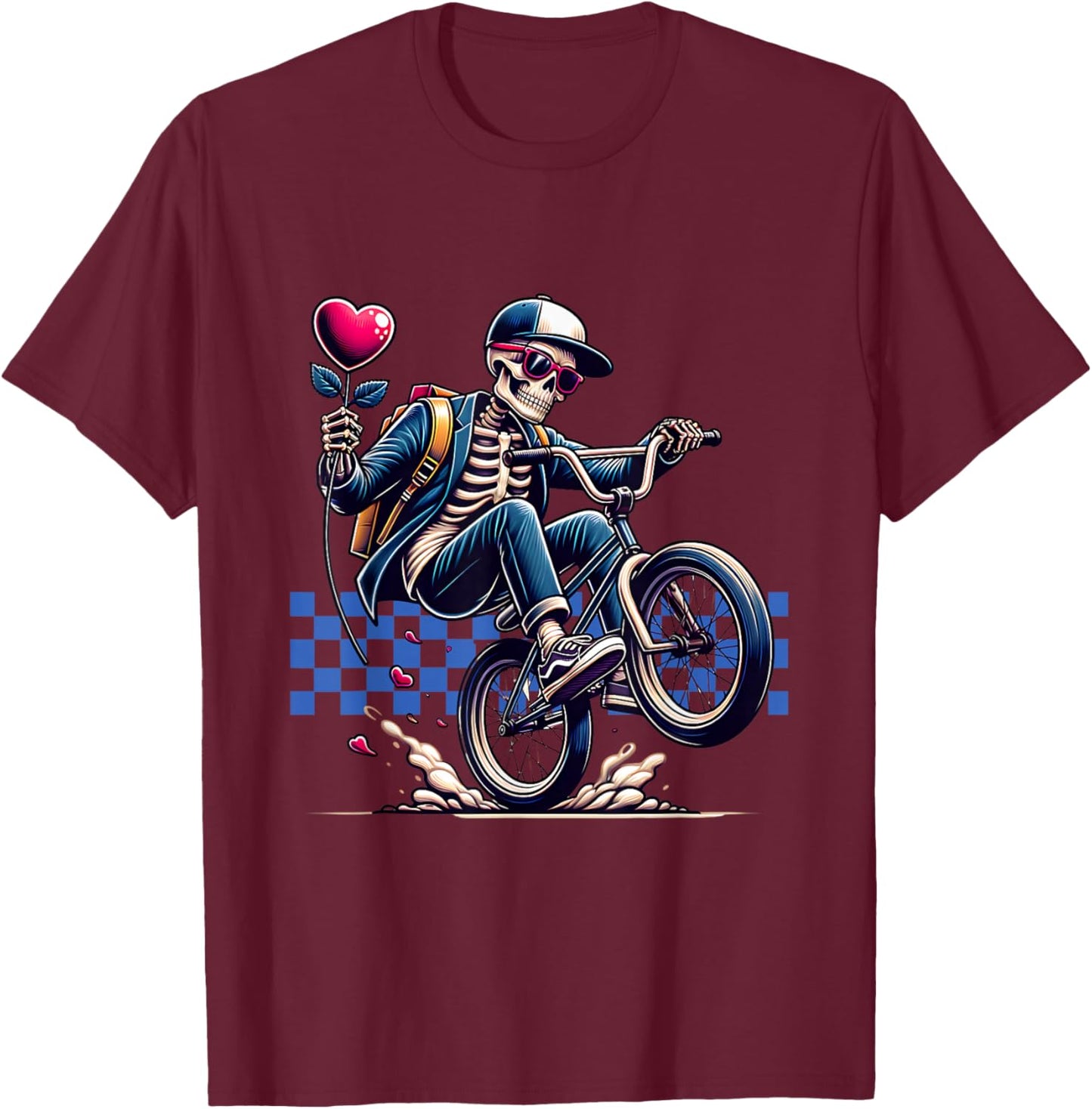 Valentine Boy Skeleton Riding a BMX Bike - Valentine Party T-Shirt - T-Shirt | Maroon
