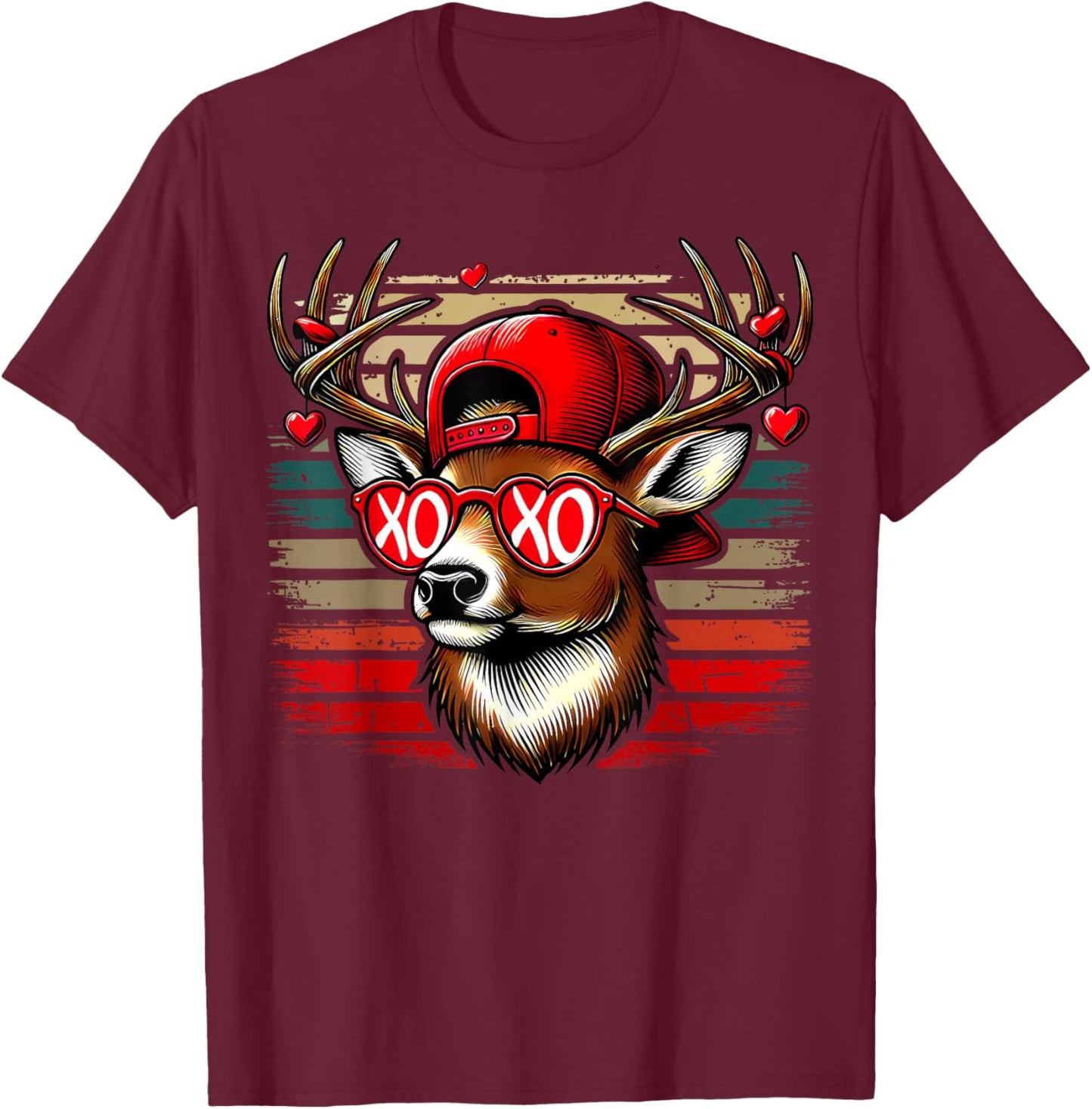 Retro Valentine Buck Deer Hunting Camo XOXO Valentines Day T-Shirt - T-Shirt | Maroon