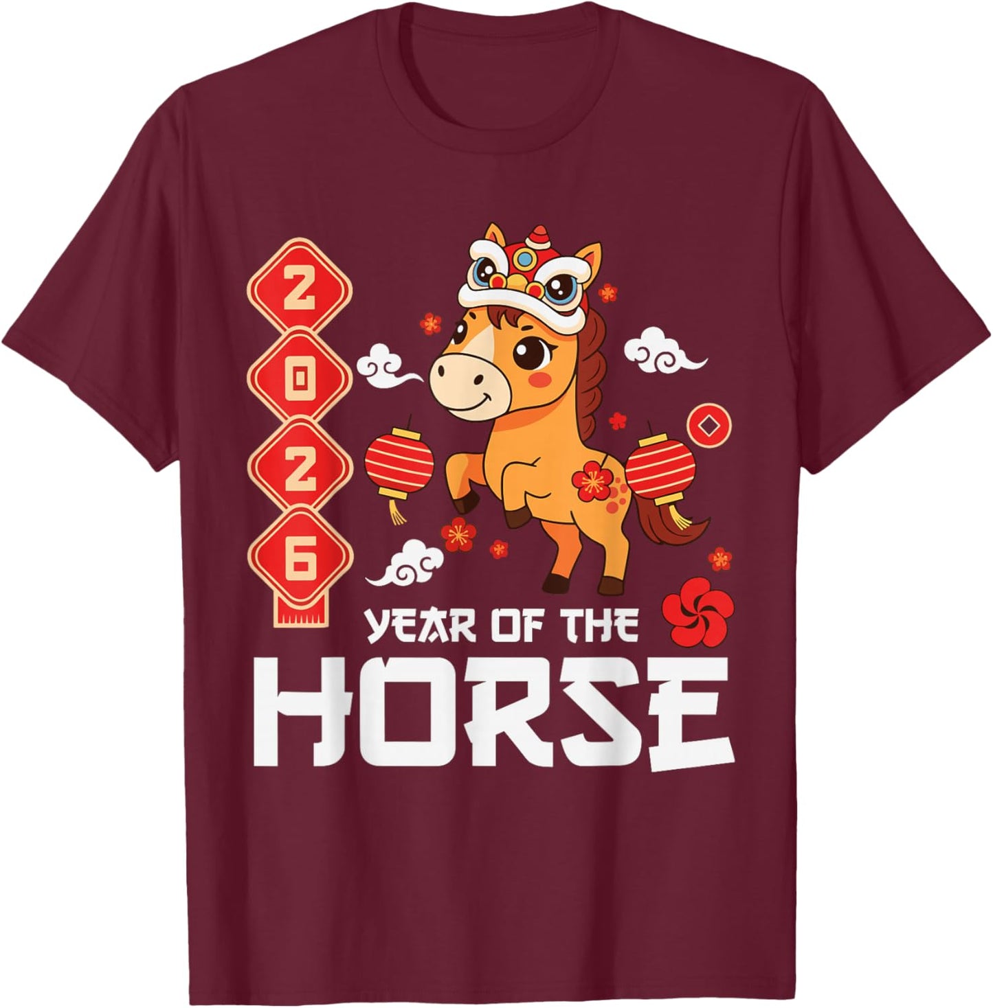 Year of The Horse 2026 Cute Kawaii Chinese New Year Kids T-Shirt - T-Shirt | Maroon