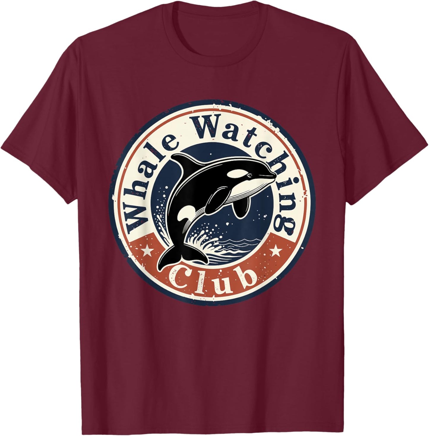 Whale Watching Club Vintage Orca Badge Retro Ocean Nature T-Shirt - T-Shirt | Maroon
