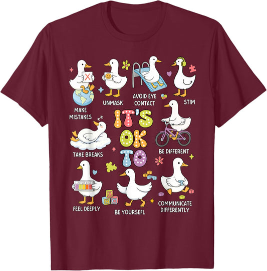 It's OK to Be Different Autism Awareness Cute Silly Goose T-Shirt - T-Shirt | Maroon