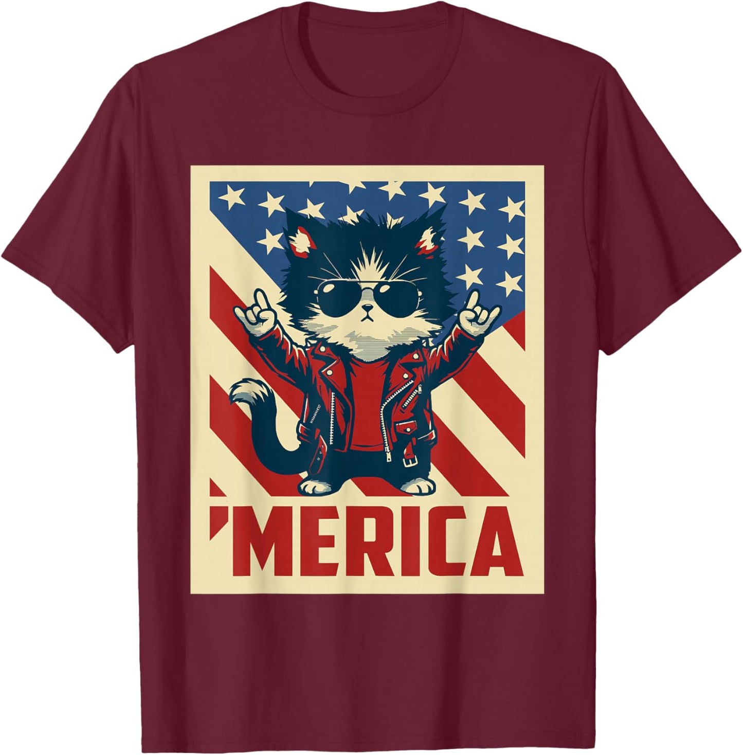 USA Flag Cat 4th of July Men Women Kids Funny Patriotic T-Shirt - T-Shirt | Maroon