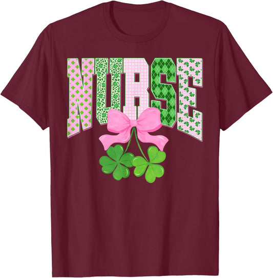 Lucky Shamrock St Patrick's Day Nurse Coquette Bow T-Shirt - T-Shirt | Maroon
