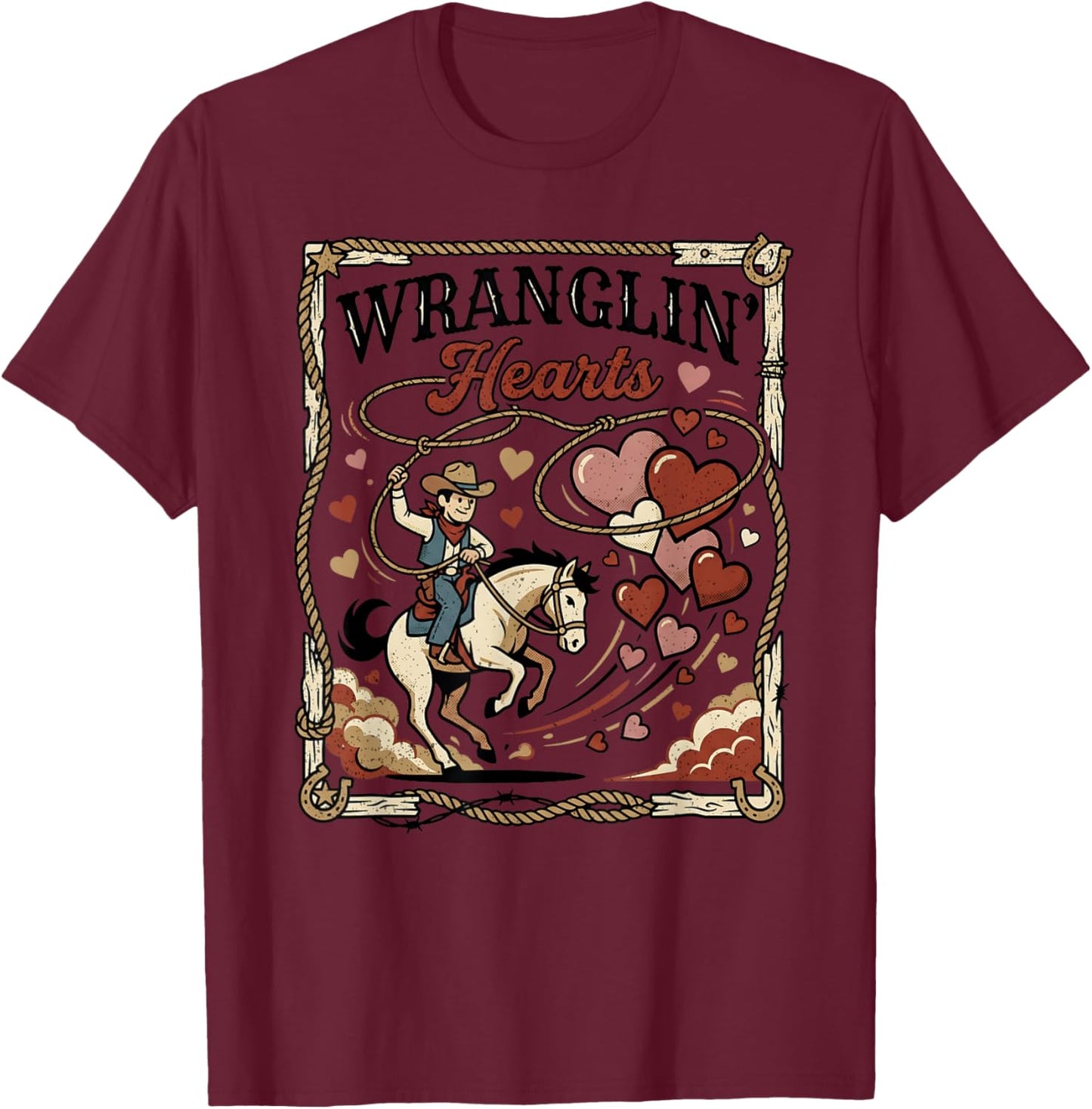 Wranglin Hearts Cowboy Western Valentine Boy Country Design T-Shirt - T-Shirt | Maroon