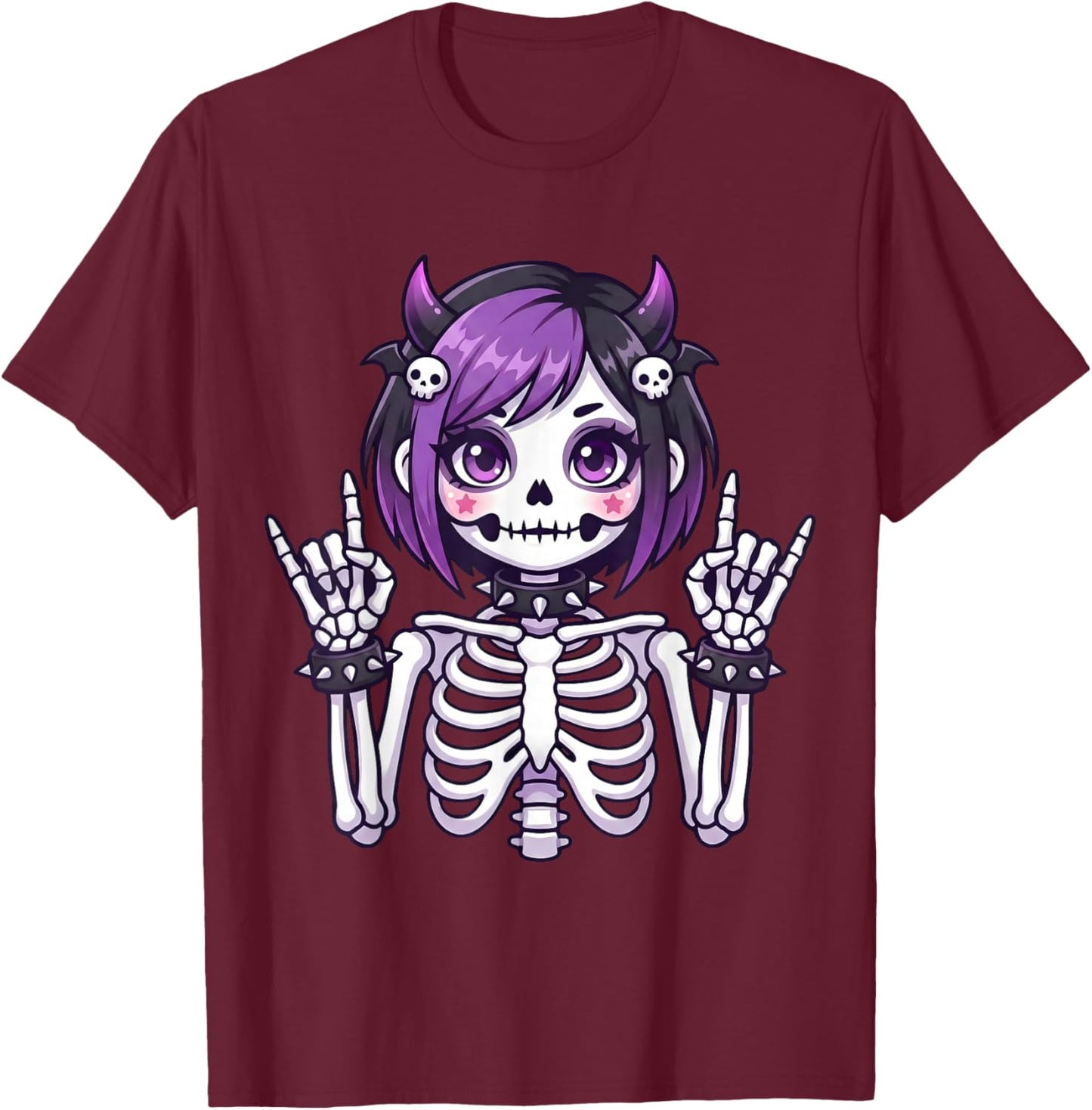 Cute Kawaii Goth Girl Skeleton Punk-Goth Alternative Apparel T-Shirt - T-Shirt | Maroon