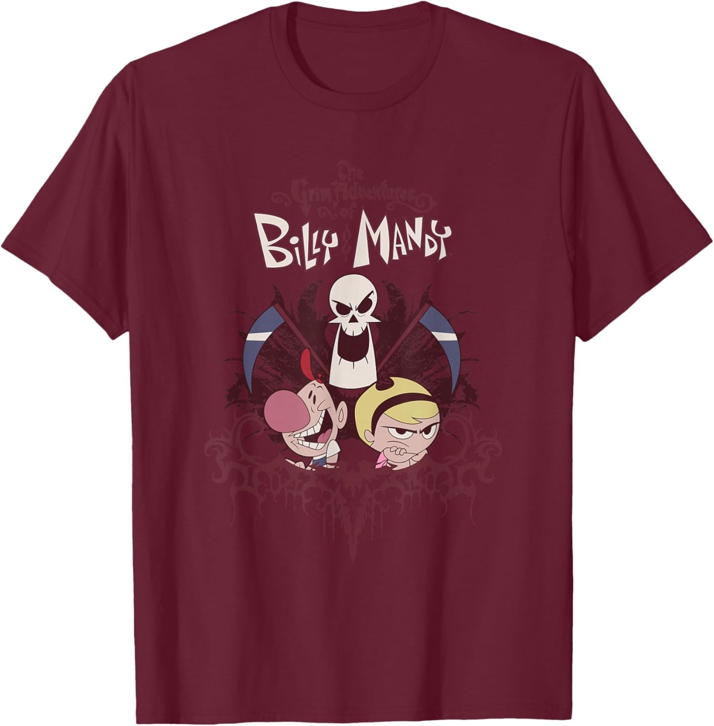 Grim Adventures Retro Gothic Characters with Logo Cartoon T-Shirt - T-Shirt | Maroon