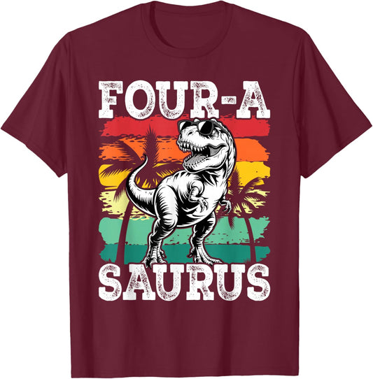 Four a Saurus Birthday T Rex 4 Year Old Dino 4th Dinosaur T-Shirt - T-Shirt | Maroon