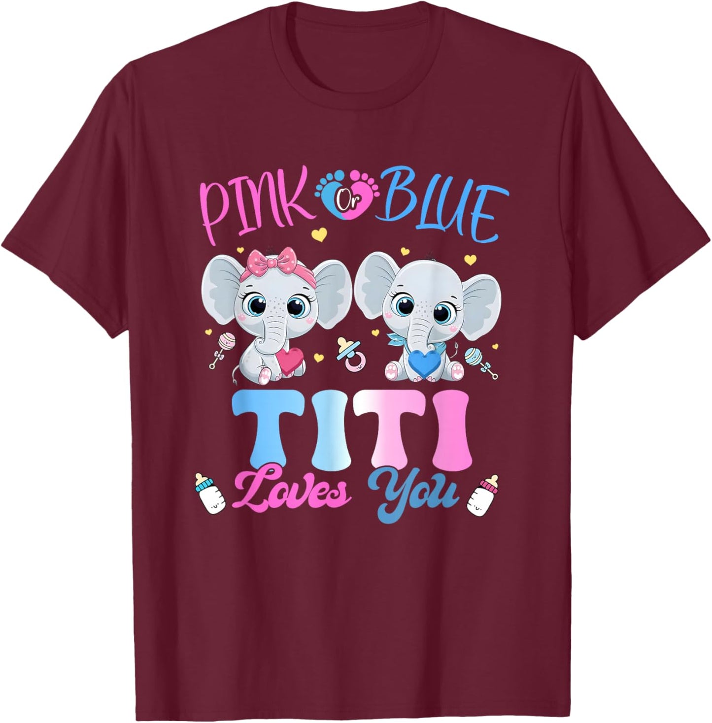Pink or Blue Titi Loves You Gender Reveal Elephant T-Shirt - T-Shirt | Maroon