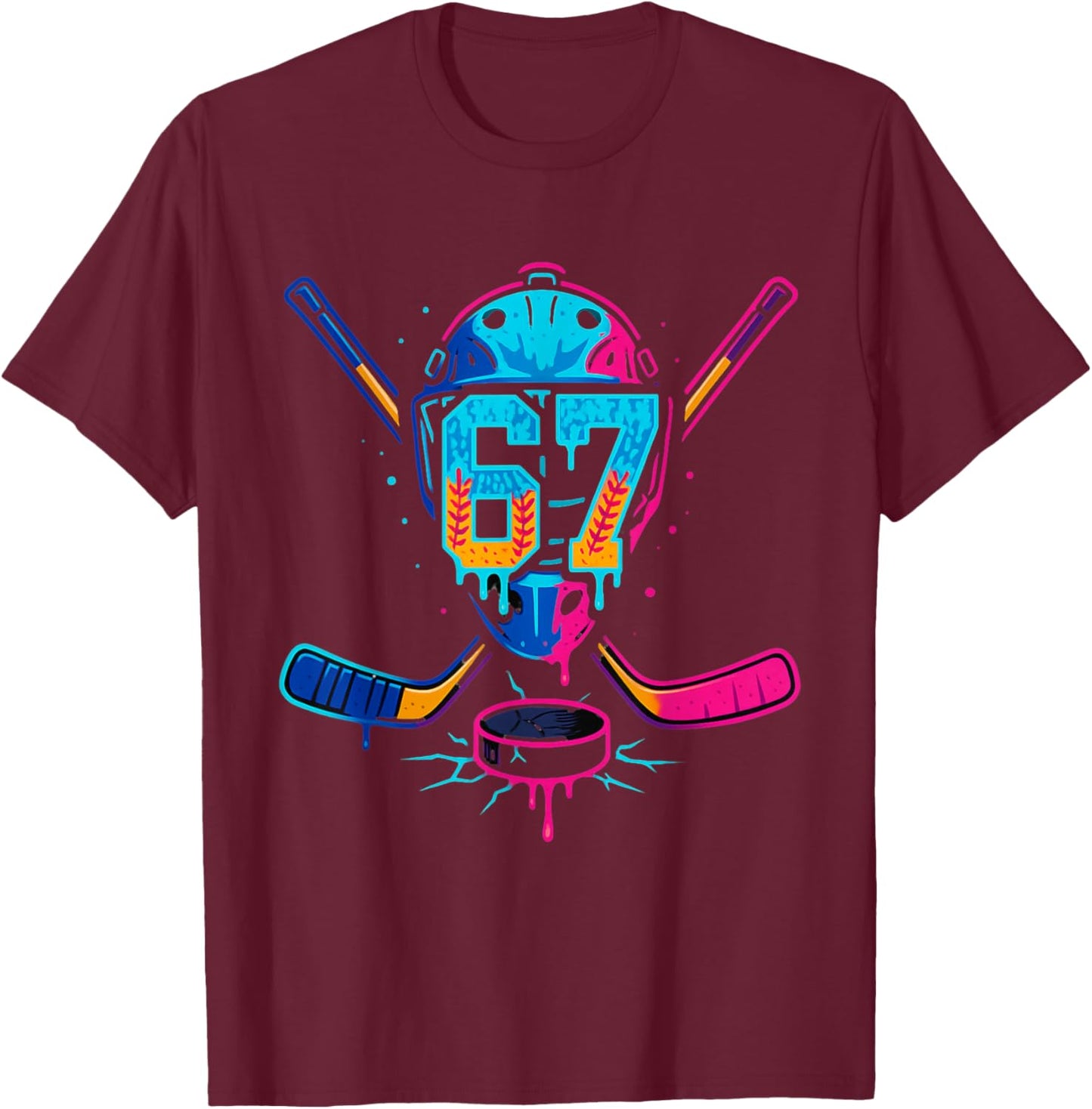 Hockey Ice Cream Drip Number 67 Player 67th Birthday T-Shirt - T-Shirt | Maroon