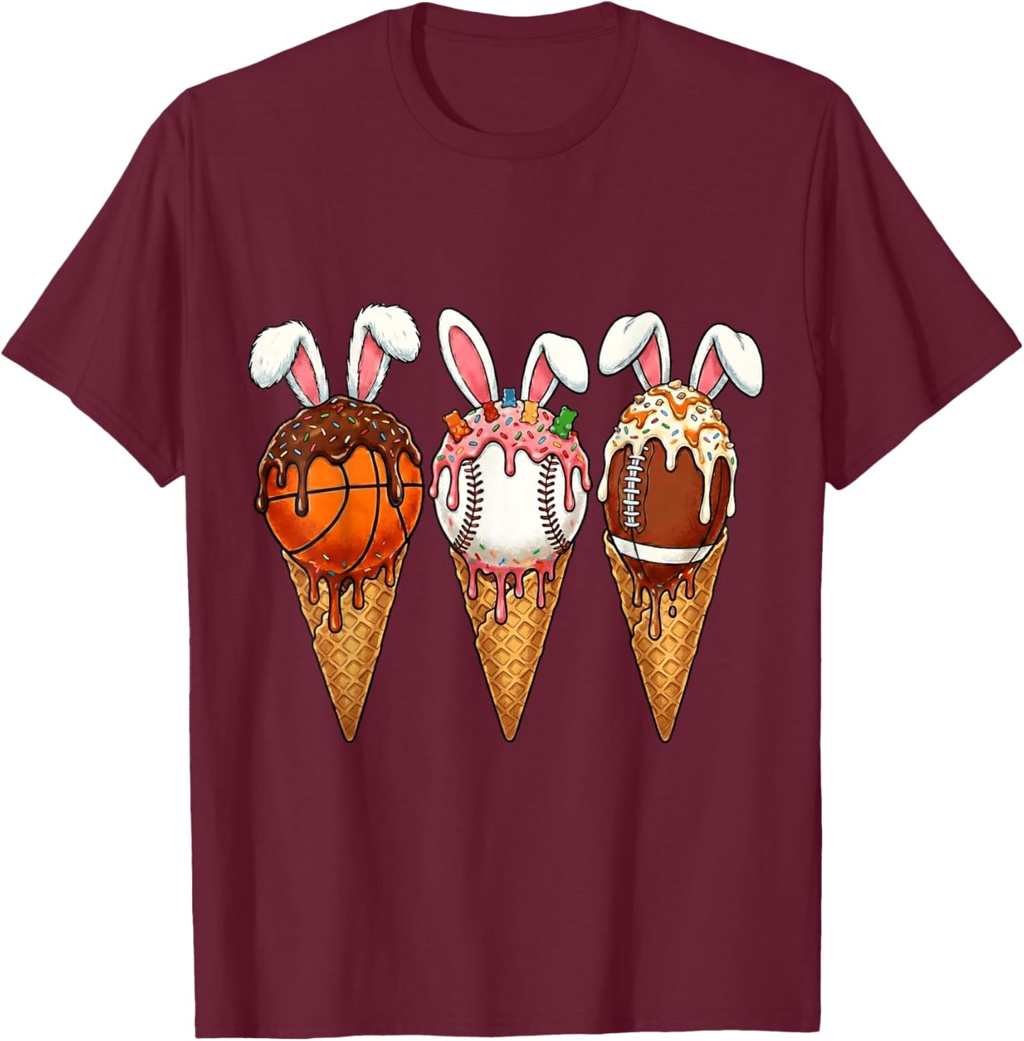 Ice Cream Dripping Basketball Baseball Football Bunny Easter T-Shirt - T-Shirt | Maroon