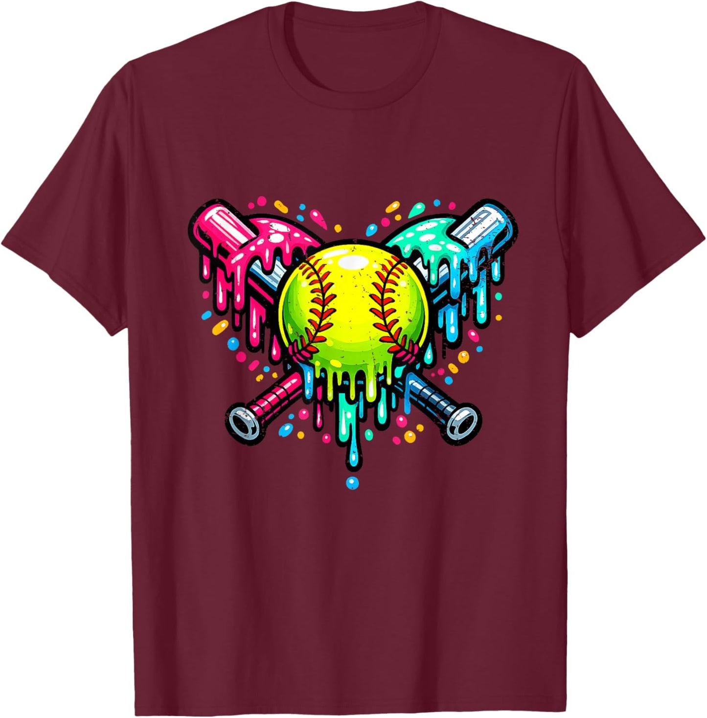 Neon Drip Softball Crossed Bats Graphic T-Shirt - T-Shirt | Maroon