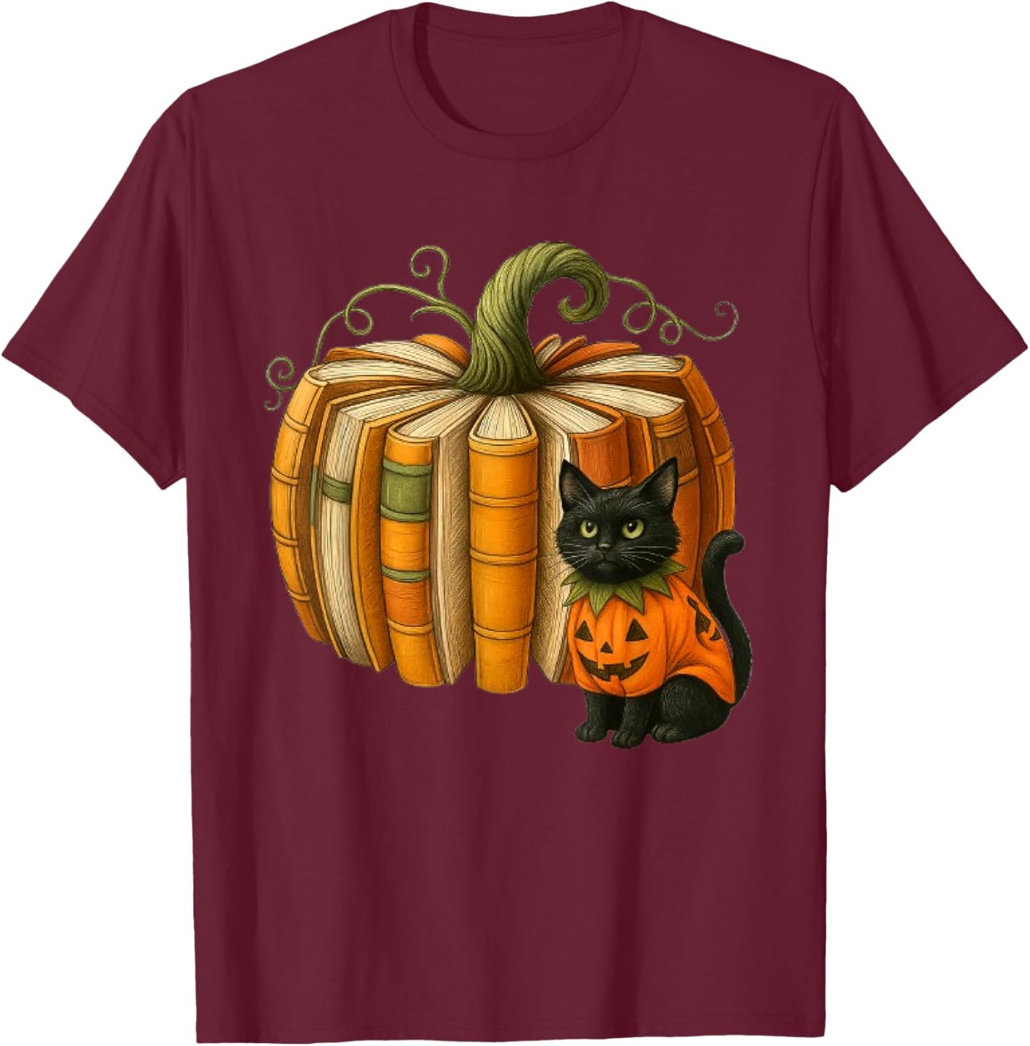 Cute Halloween Black Cat Wizard with Books Pumpkin Halloween T-Shirt - T-Shirt | Maroon