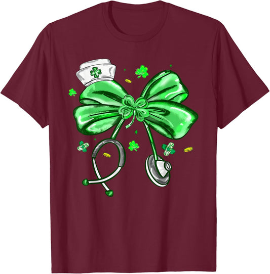 St Patrick's Day Nurse Coquette Bow Stethoscope Girl Women T-Shirt - T-Shirt | Maroon