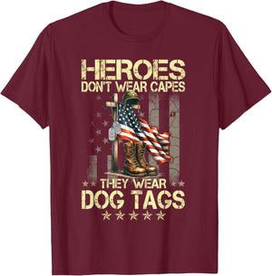Heroes Don't Wear Capes They Wear Dog Tags Combat Boots Vet T-Shirt - T-Shirt | Maroon