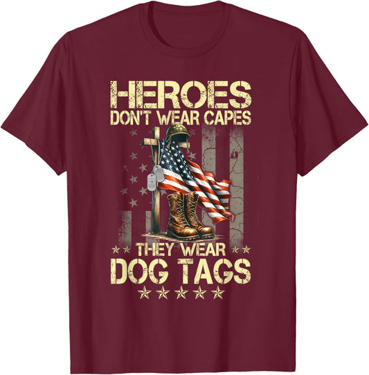 Heroes Don't Wear Capes They Wear Dog Tags Combat Boots Vet T-Shirt - T-Shirt | Maroon