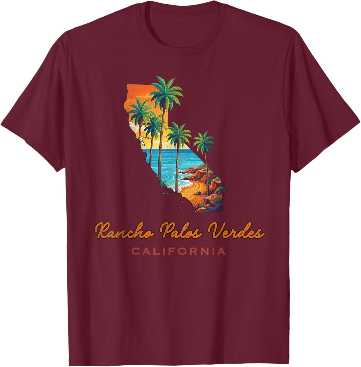Rancho Palos Verdes California Palm Coast Vintage State T-Shirt - T-Shirt | Maroon