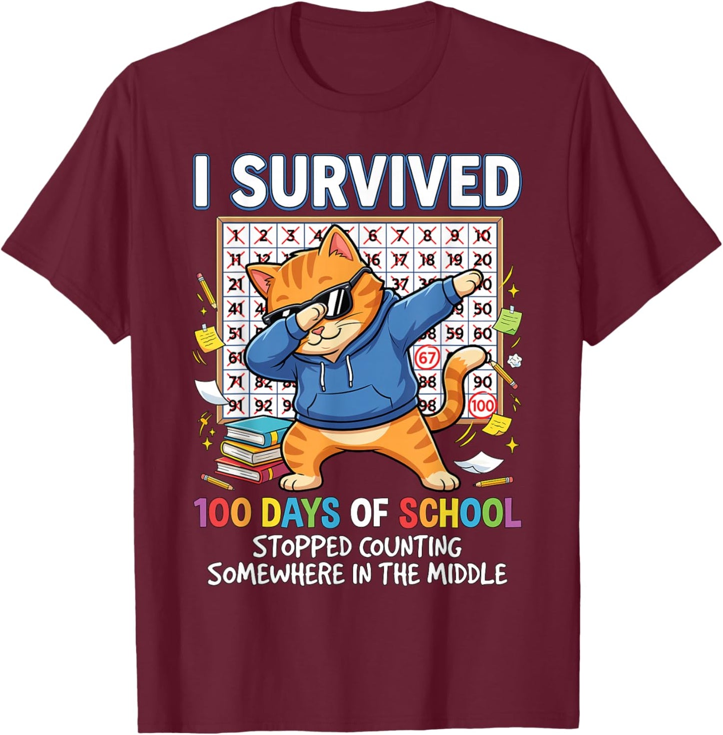 I Survived 100 Days of School Funny Dabbing Cat Student Cool T-Shirt - T-Shirt | Maroon