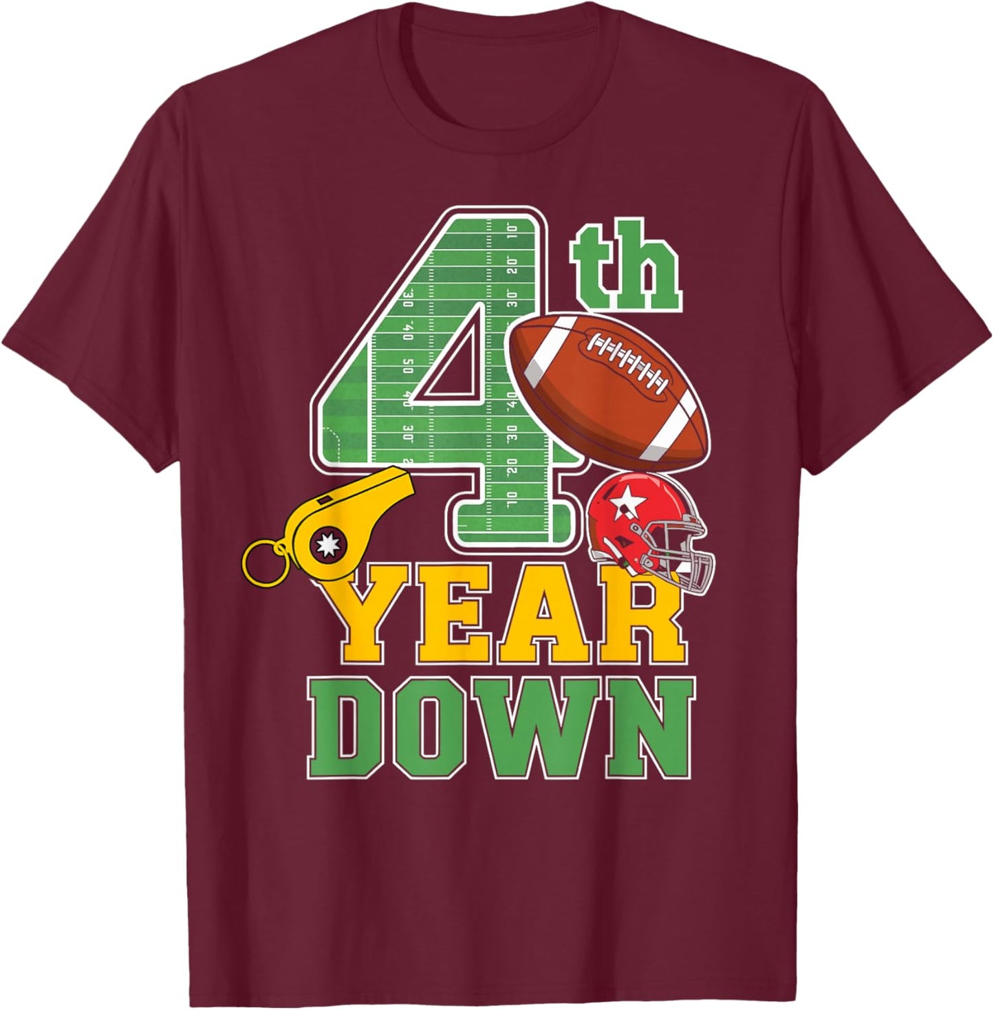 Football Birthday Boy 4th Year Down Bday 4 Years Kid T-Shirt - T-Shirt | Maroon