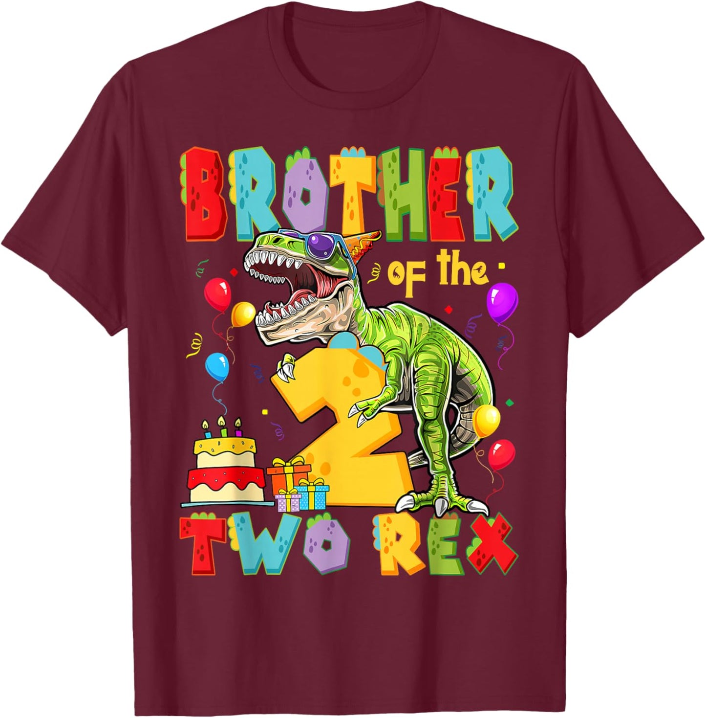 Brother of The Two Rex 2nd Birthday Boy Dinosaur T-Rex T-Shirt - T-Shirt | Maroon