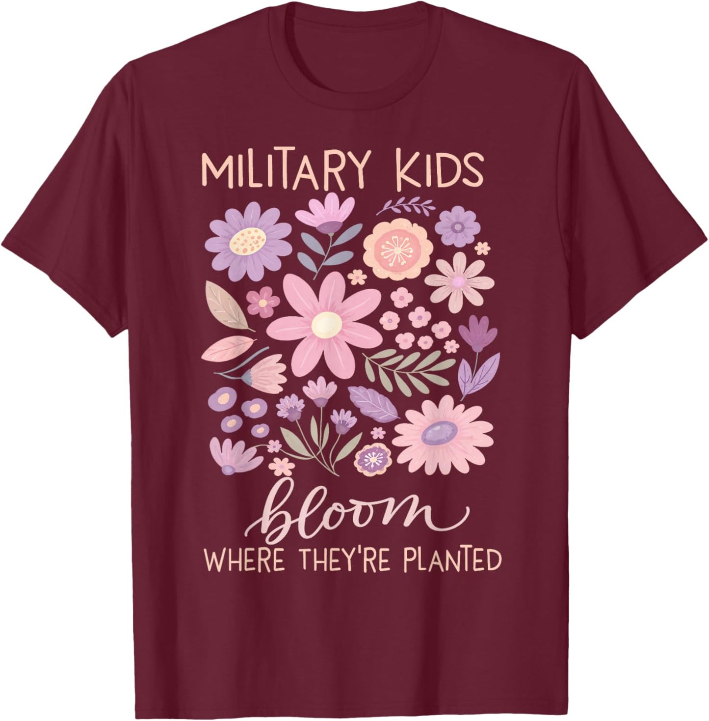 Military Kid Dandelion Bloom Where They're Planted Purple Up T-Shirt - T-Shirt | Maroon