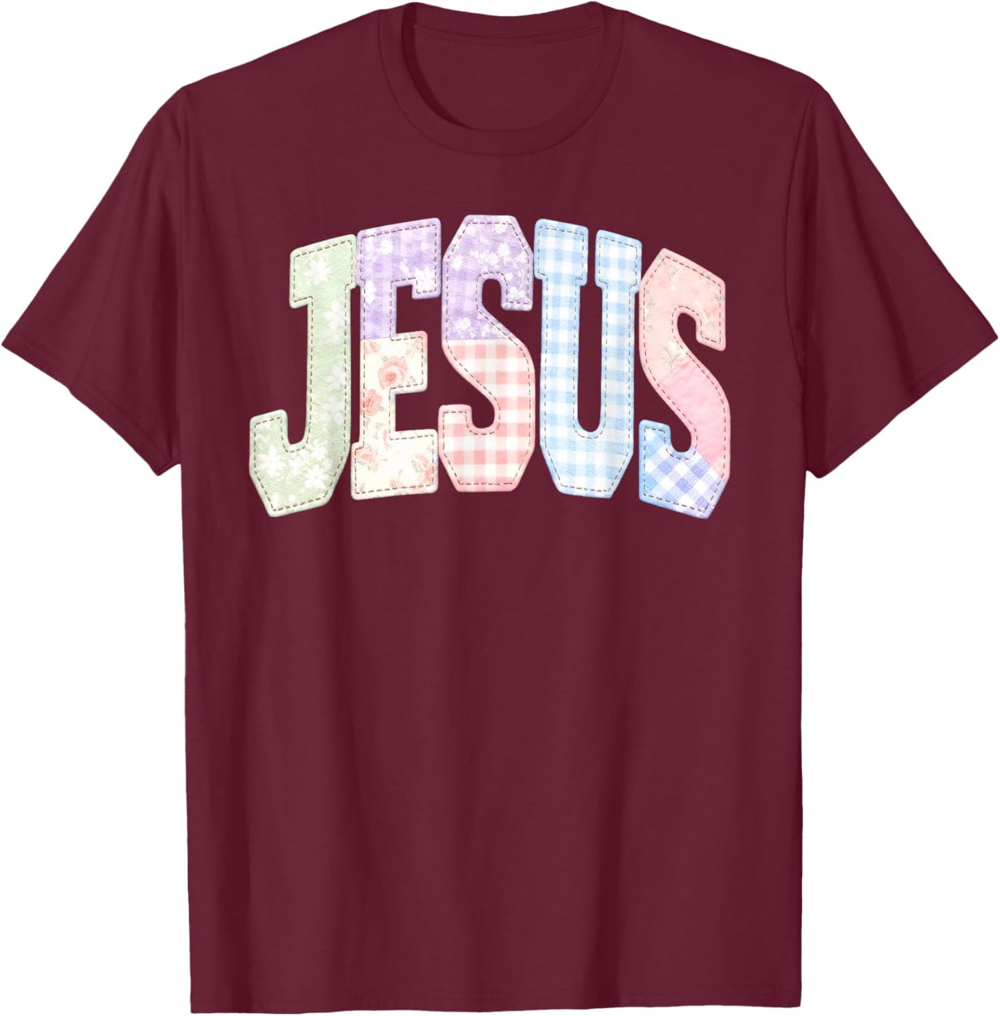 Amen Jesus Patchwork Christian Quote Faith Bible Verse Retro T-Shirt - T-Shirt | Maroon