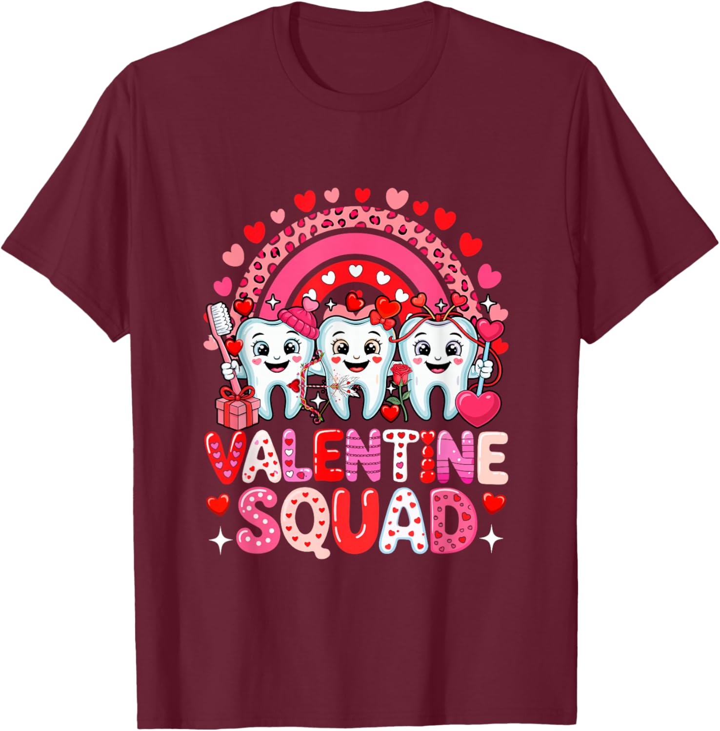 Valentine Squad Three Cute Teeth Dentist Rainbow Hearts T-Shirt - T-Shirt | Maroon