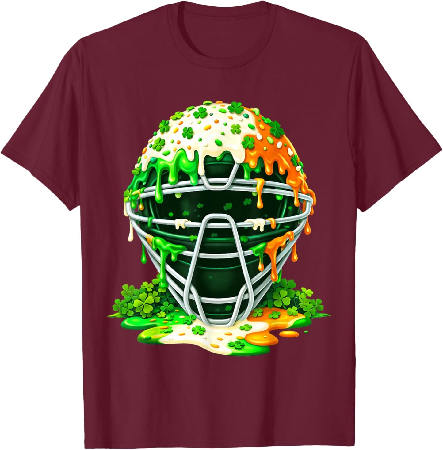 St Patricks Day Baseball Catcher Mask Drip Ice Cream Clover T-Shirt - T-Shirt | Maroon