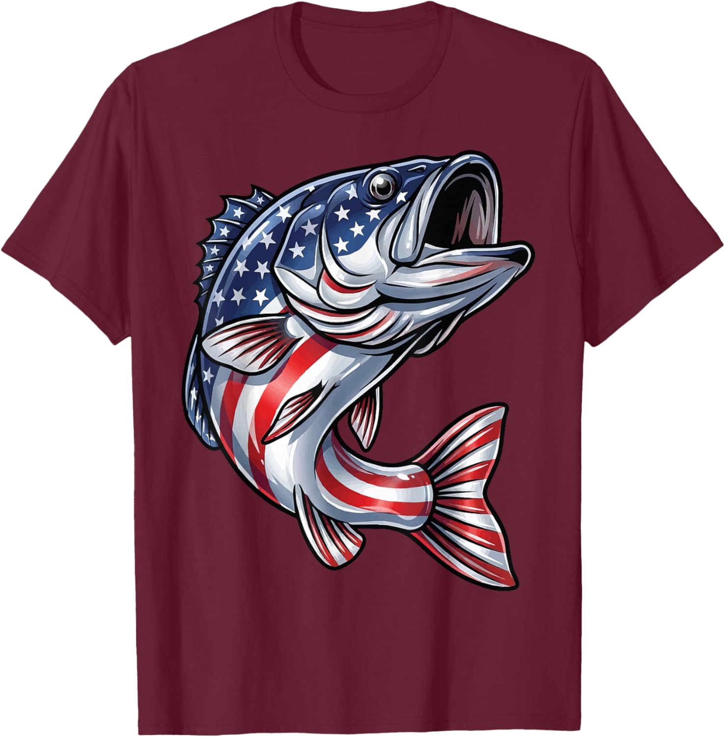 Bass Fish USA Flag Fishing 4th of July Patriot T-Shirt - T-Shirt | Maroon