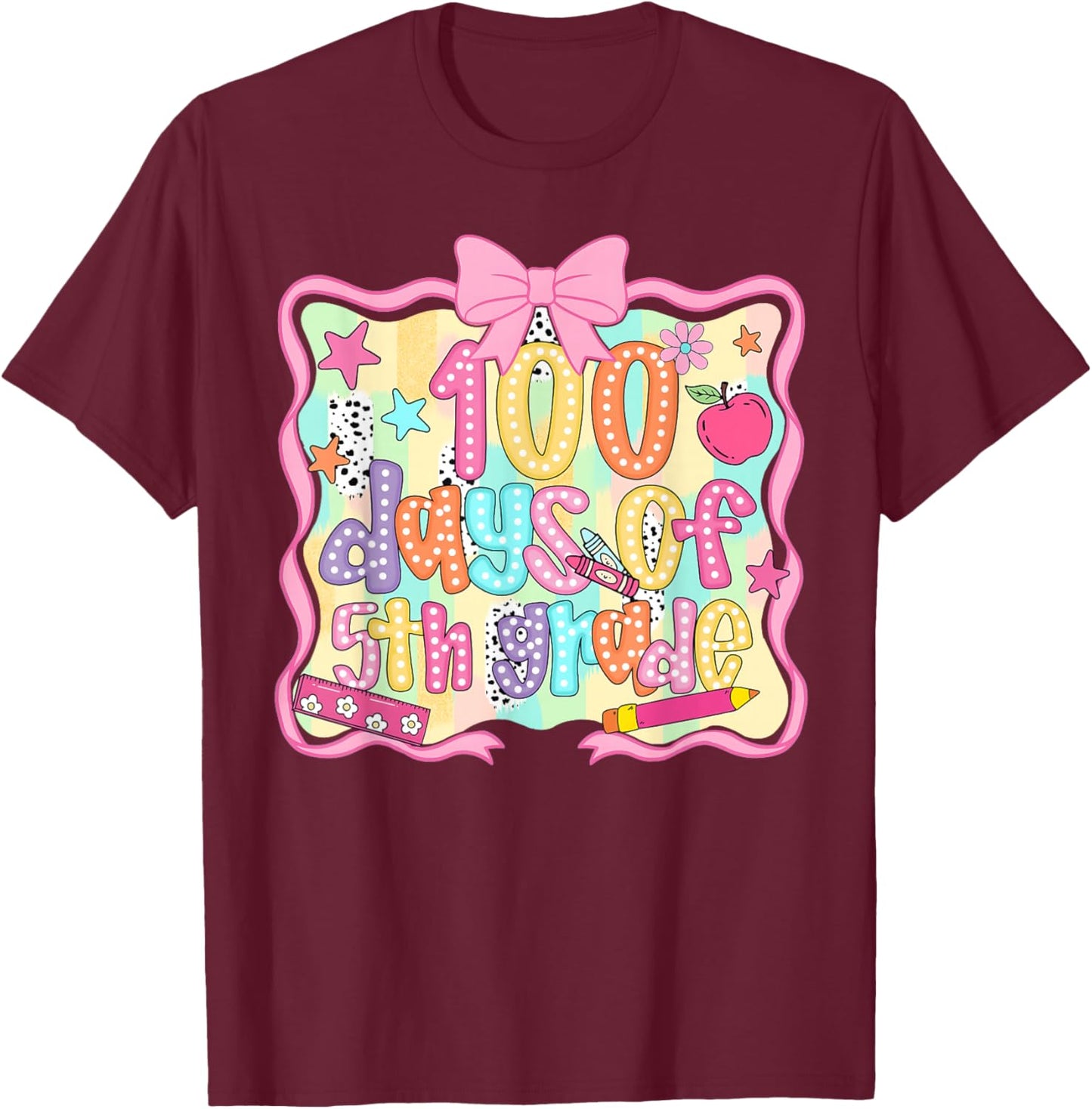 Preppy 100 Days of 5th Grade Teacher Kids Coquette Bow T-Shirt - T-Shirt | Maroon